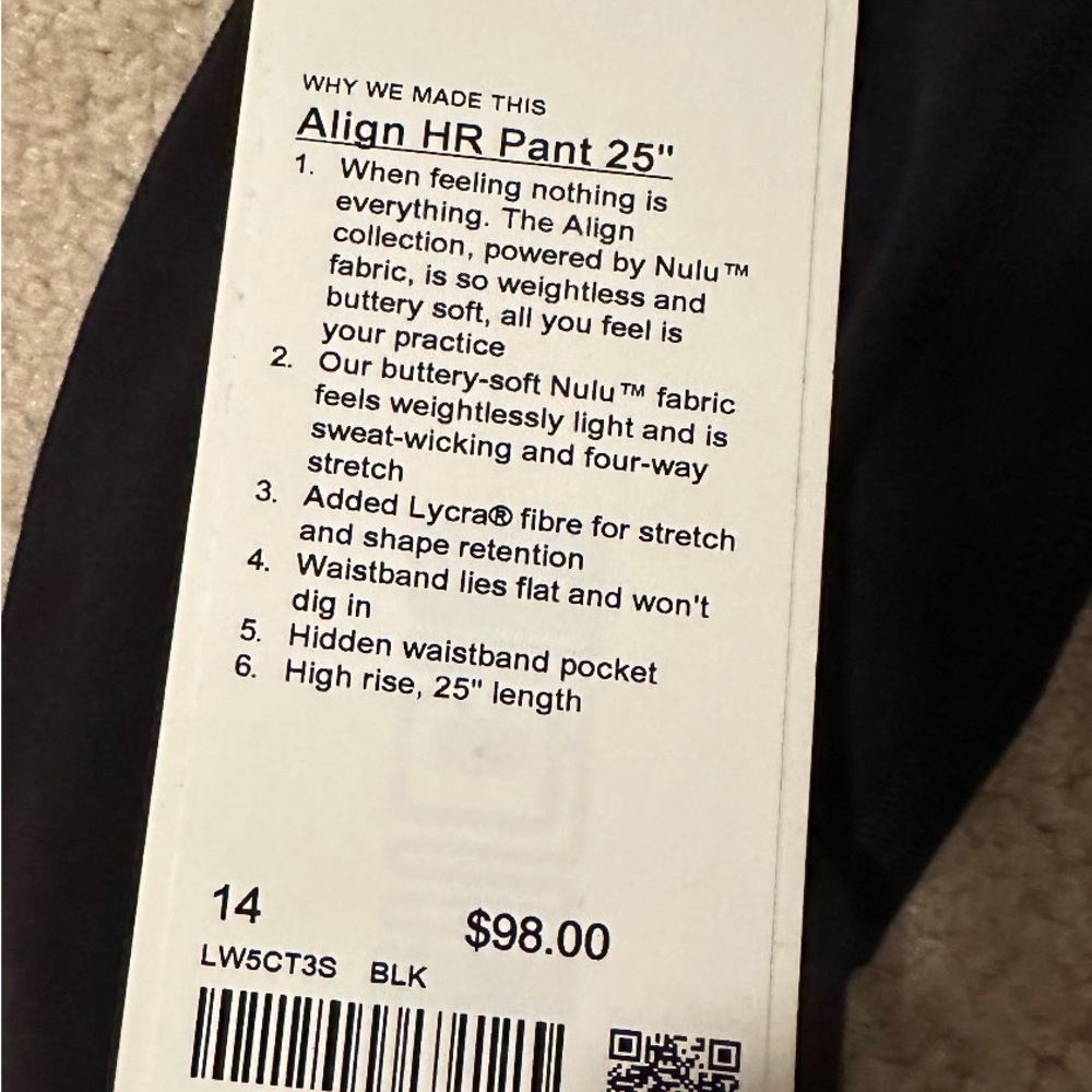 Lululemon yoga style pants 25” size 14. NWT black